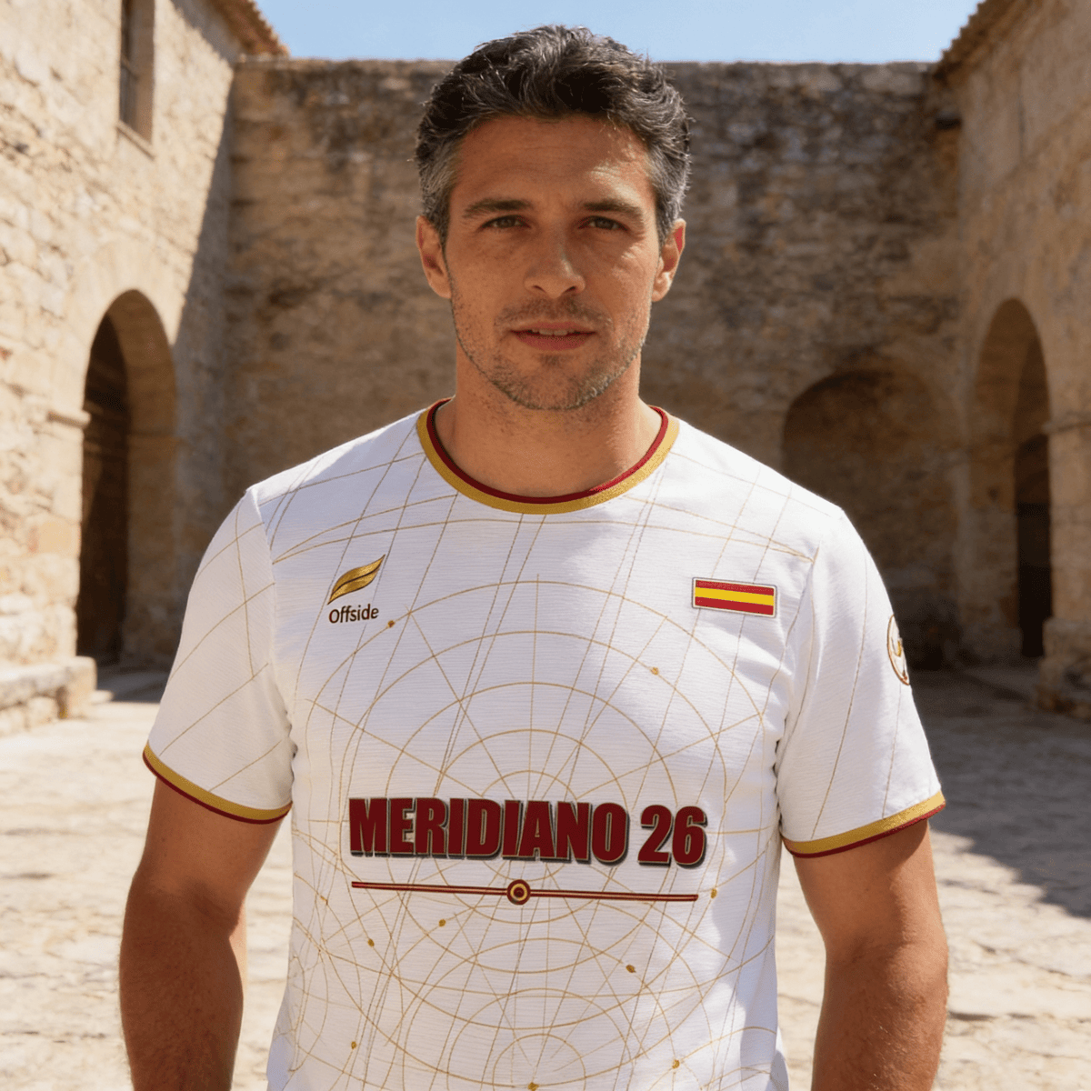 Camiseta Iberia Blanca Meridiano 26 - frontal con la camiseta puesta