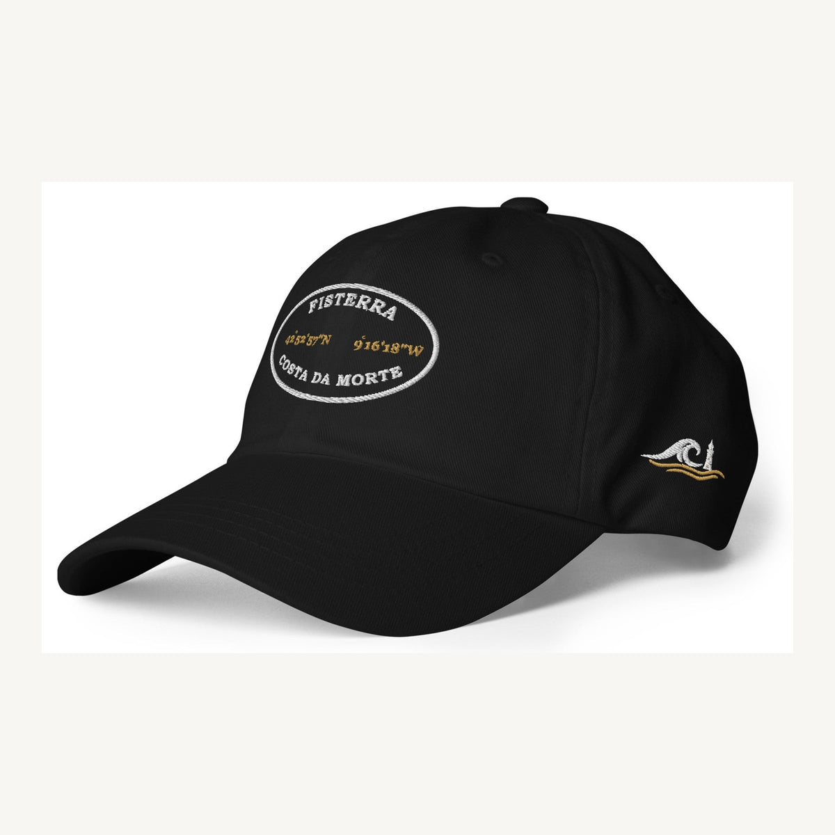 Gorra Fisterra CF Negro - hero producto vista premium frontal lateral con bordado Costa da Morte