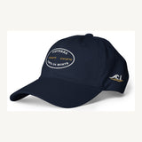 Gorra Fisterra CF Azul marino - hero producto vista premium frontal lateral con bordado Costa da Morte