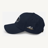 Gorra Fisterra CF Azul marino - detalle lateral ola y faro bordados
