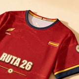 Camiseta Iberia Roja Ruta 26 - detalle del cuello y la textura del tejido