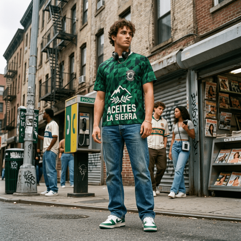 Modelo con camiseta verde Aceites La Sierra '96 en escena exterior